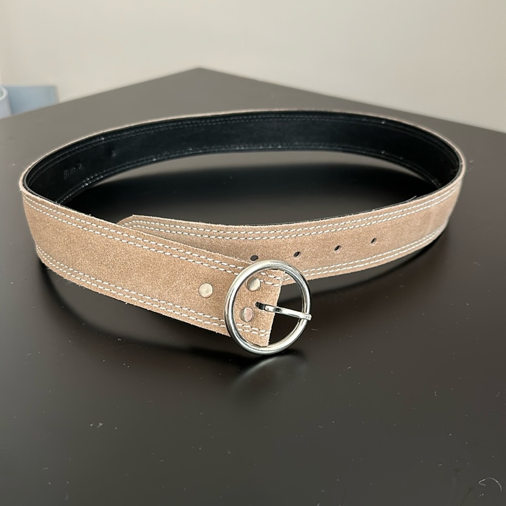 Tan suede belt with silver accent